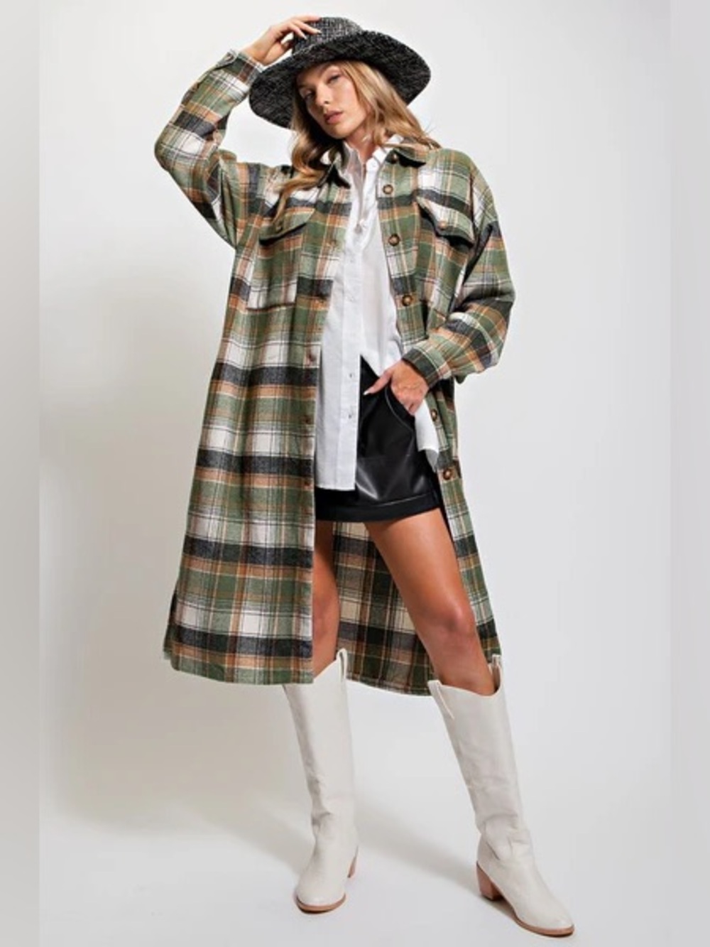 Easel Plaid Button Down Shacket Olive Green Size S NWT - Picture 1 of 8
